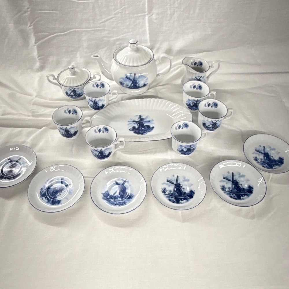 Delft Blauw Ter Steege Holland Windmill Tea Set‎ Teapot Cups Saucers Tray 18pc